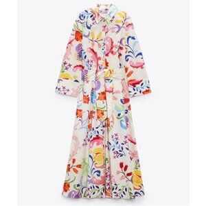 ZARA Floral Print Maxi Midi Shirt Dress Belted Multicolor 2563/195 Cotton M